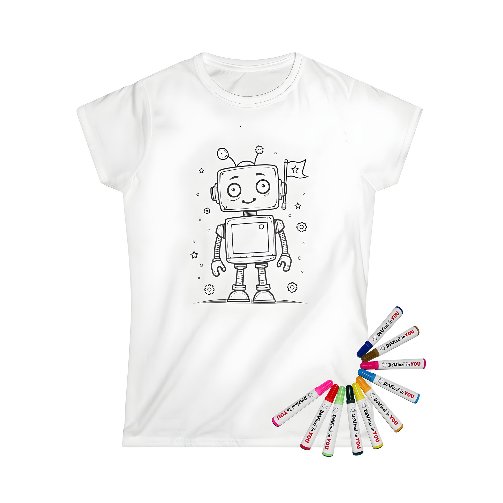 Women's t-shirt with cute robot coloring page design, featuring a cheerful robot holding a flag surrounded by stars and gears