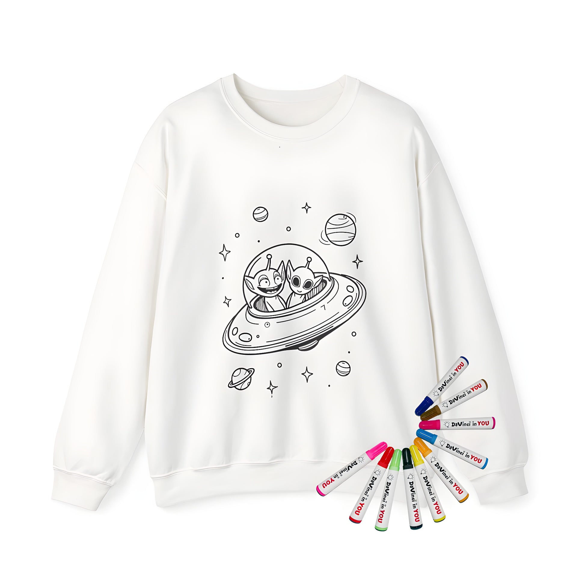 Adult sweatshirt featuring a colorful alien spaceship design with planets and stars