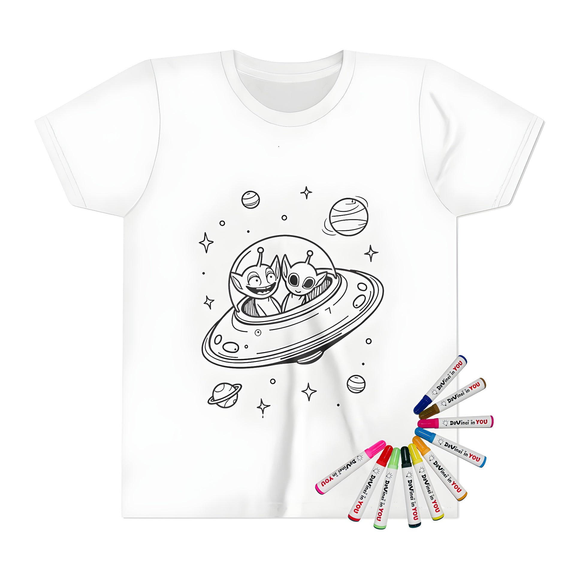 A colorful kid's t-shirt featuring two cute aliens in a spaceship exploring outer space with planets and stars.