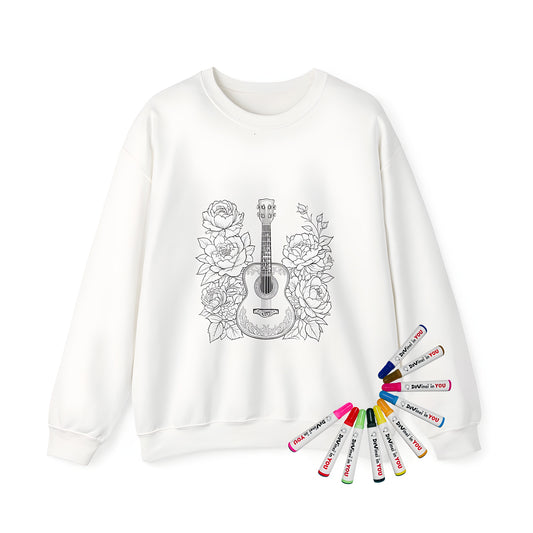 Adult coloring book sweatshirt featuring a detailed guitar illustration with flowers