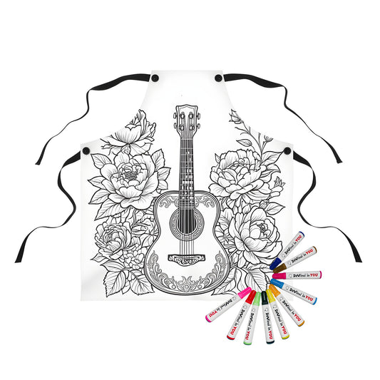 Coloring apron featuring a black and white decorative guitar illustration encircled by elegant flowers