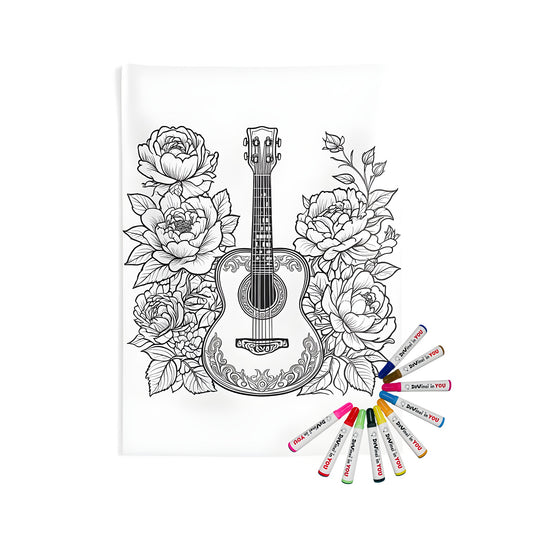 Indoor wall tapestry with decorative guitar design, featuring elegant flowers and intricate linework