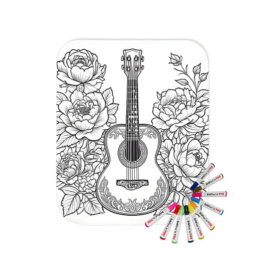 Blanket with a beautiful decorative guitar illustration, surrounded by elegant flowers and intricate linework.