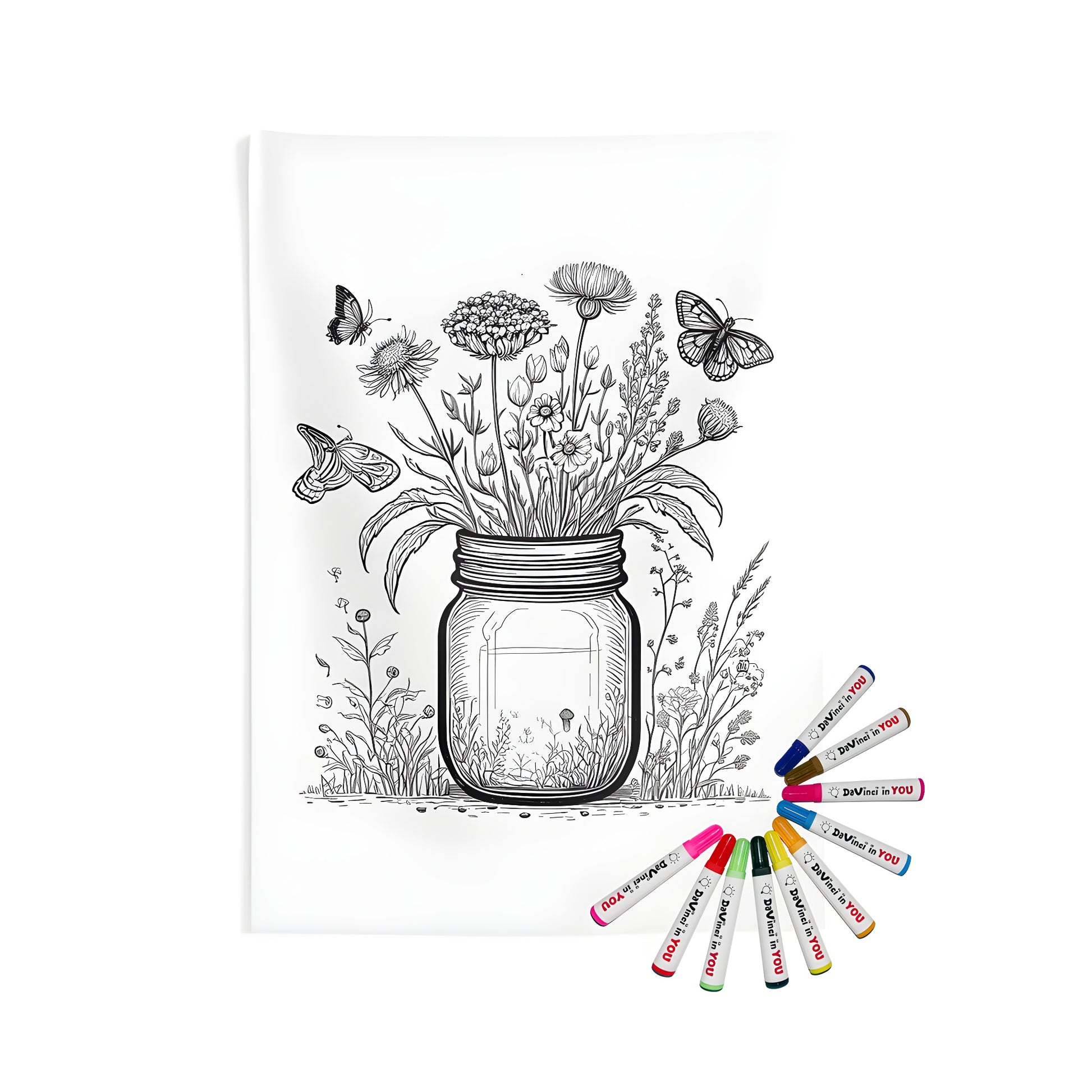 Intricate wildflower bouquet in a jar surrounded by butterflies on an indoor wall tapestry