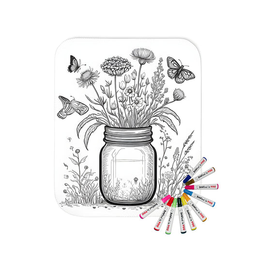 Blanket with beautiful wildflower illustration, coloring kit, fabric markers, home decor