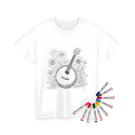 Unisex T-shirt featuring a colorful banjo amidst blooming sunflowers for creative coloring