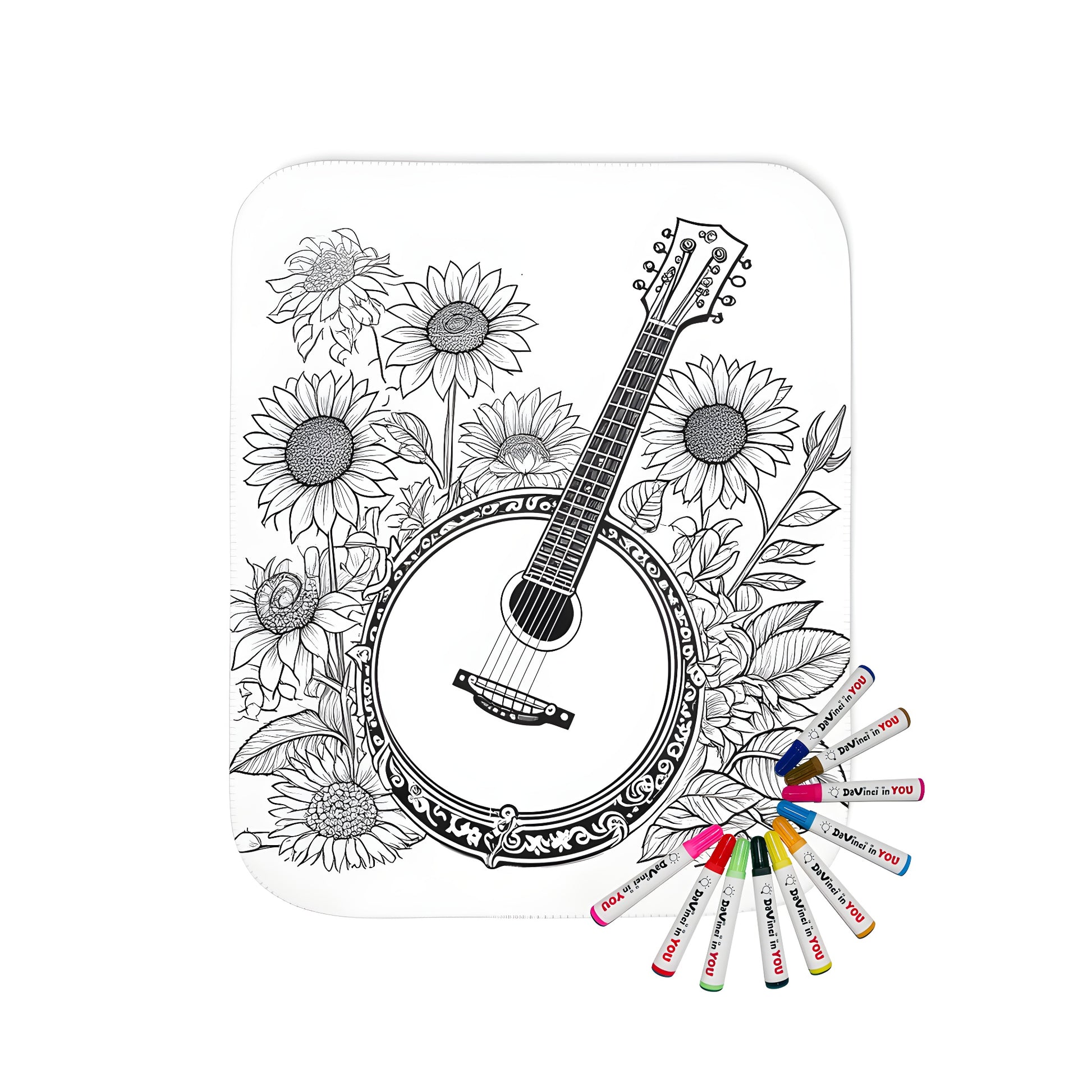 Hand-painted blanket featuring a colorful banjo amidst blooming sunflowers. Perfect for music lovers and nature enthusiasts.