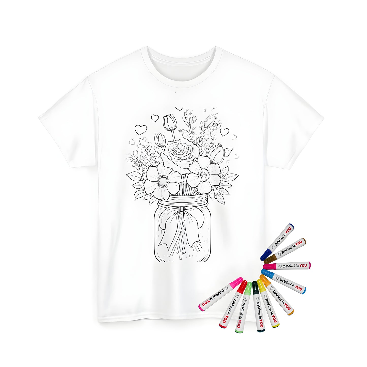 Coloring kit for unisex t-shirt featuring bouquet flower design, surrounded by heart outlines