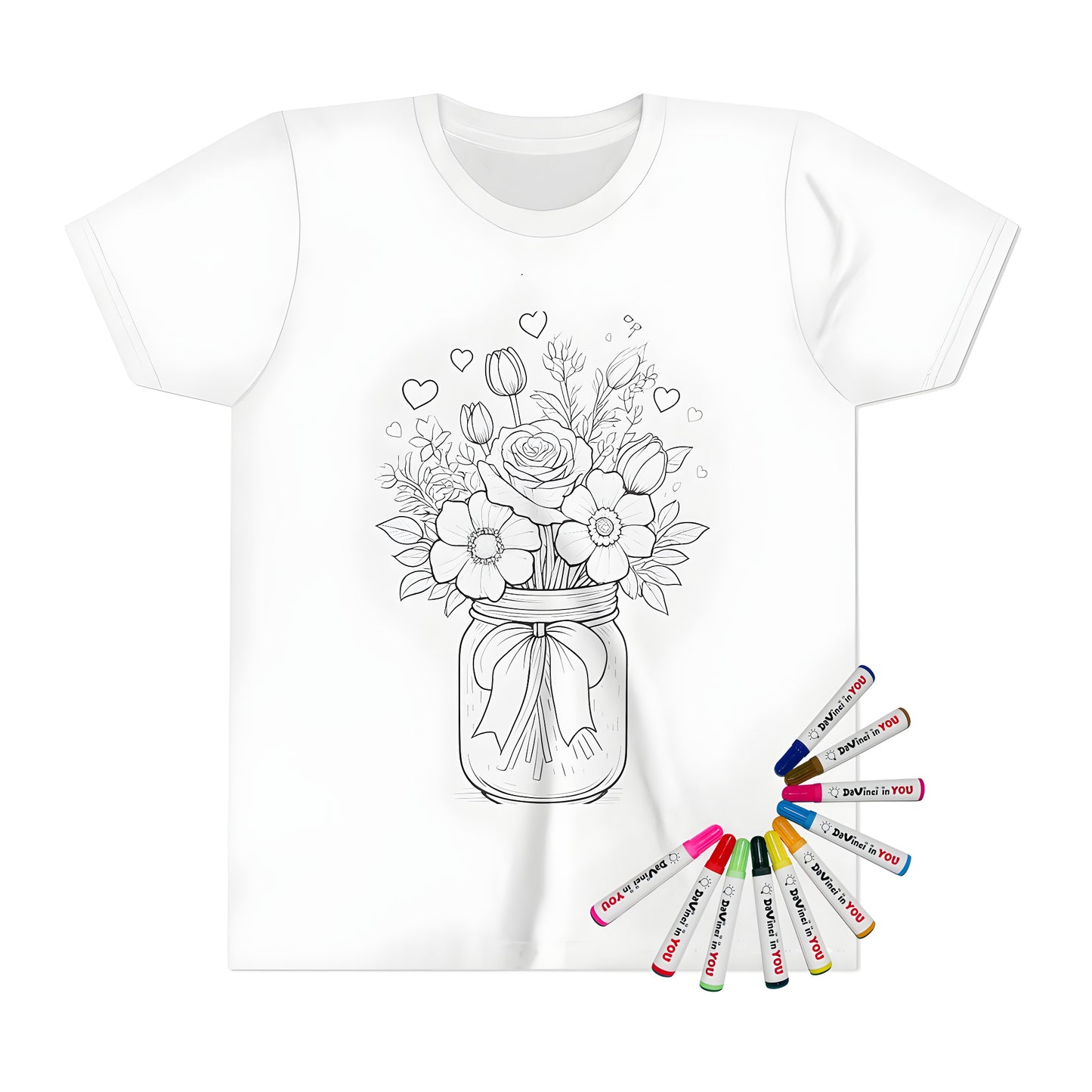 A kid's colorful t-shirt with a beautiful flower bouquet design