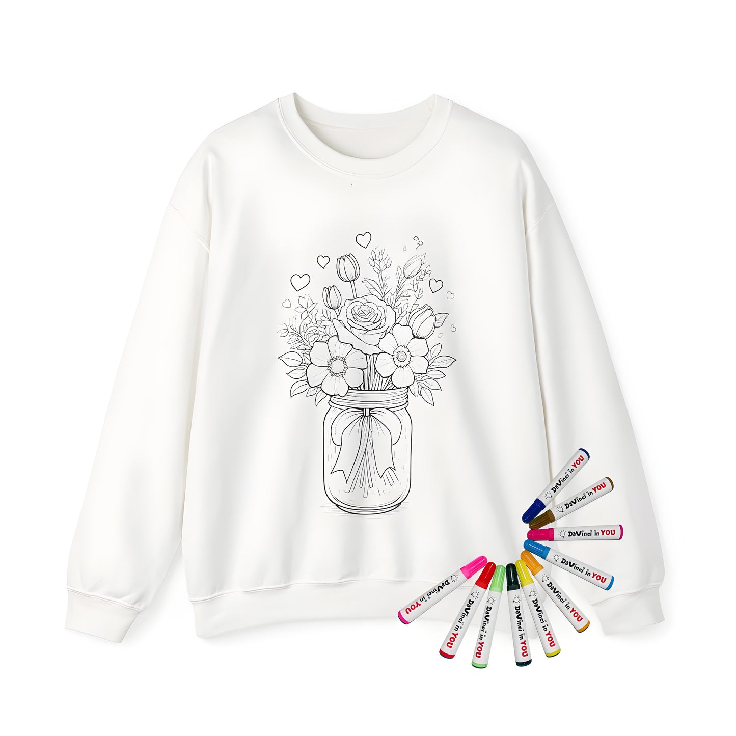 Adult sweatshirt with intricate flower bouquet design and heart outlines, perfect for adult coloring book enthusiasts