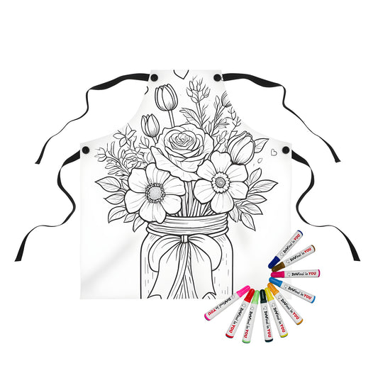 Coloring apron with bouquet of flowers and hearts design