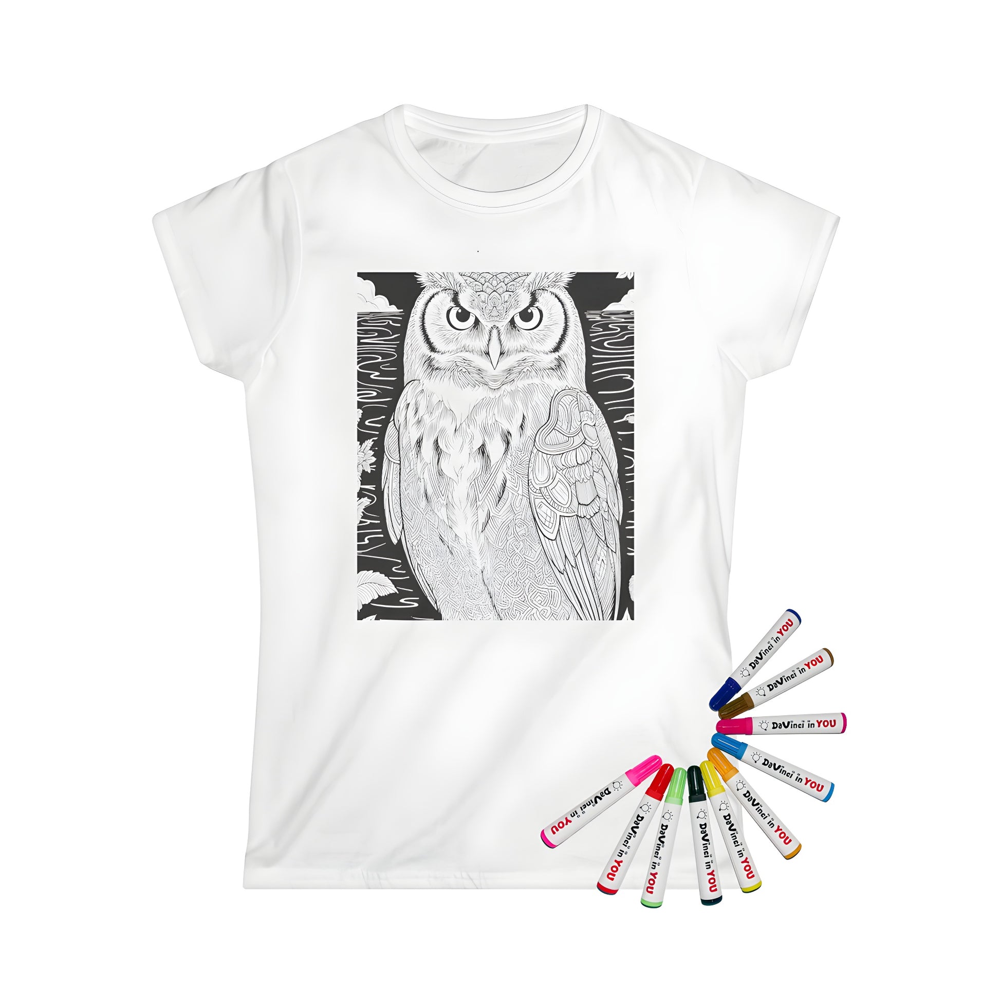 Women's t-shirt with intricate owl design and colorful fabric markers