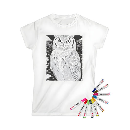 Women's t-shirt with intricate owl design and colorful fabric markers