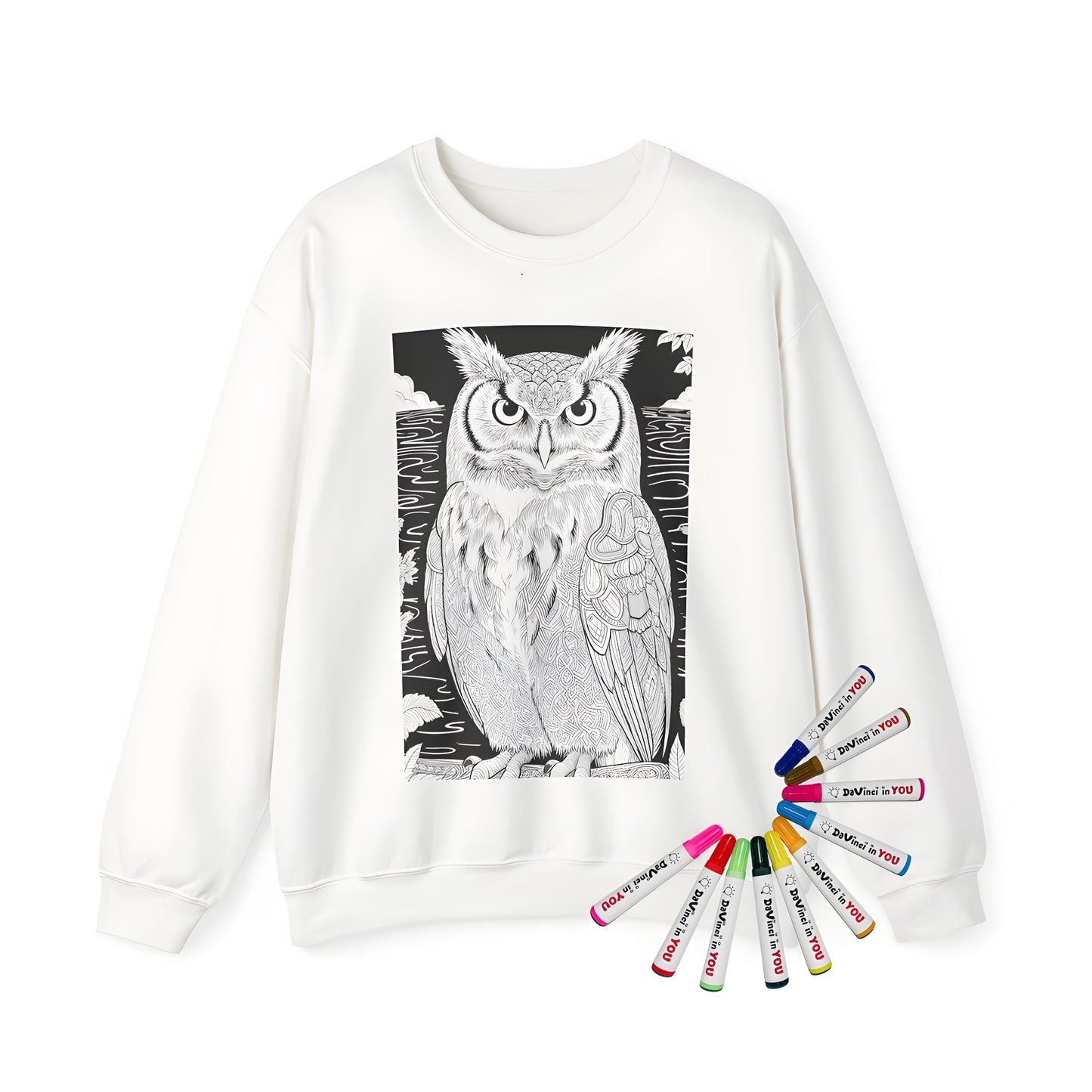 Adult Sweatshirt with intricate owl design and fabric markers