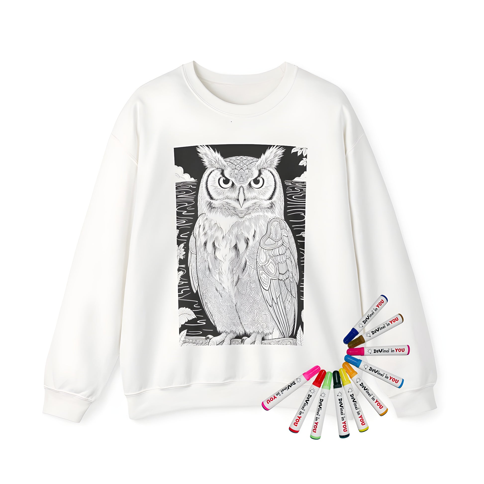 Adult Sweatshirt with intricate owl design and fabric markers