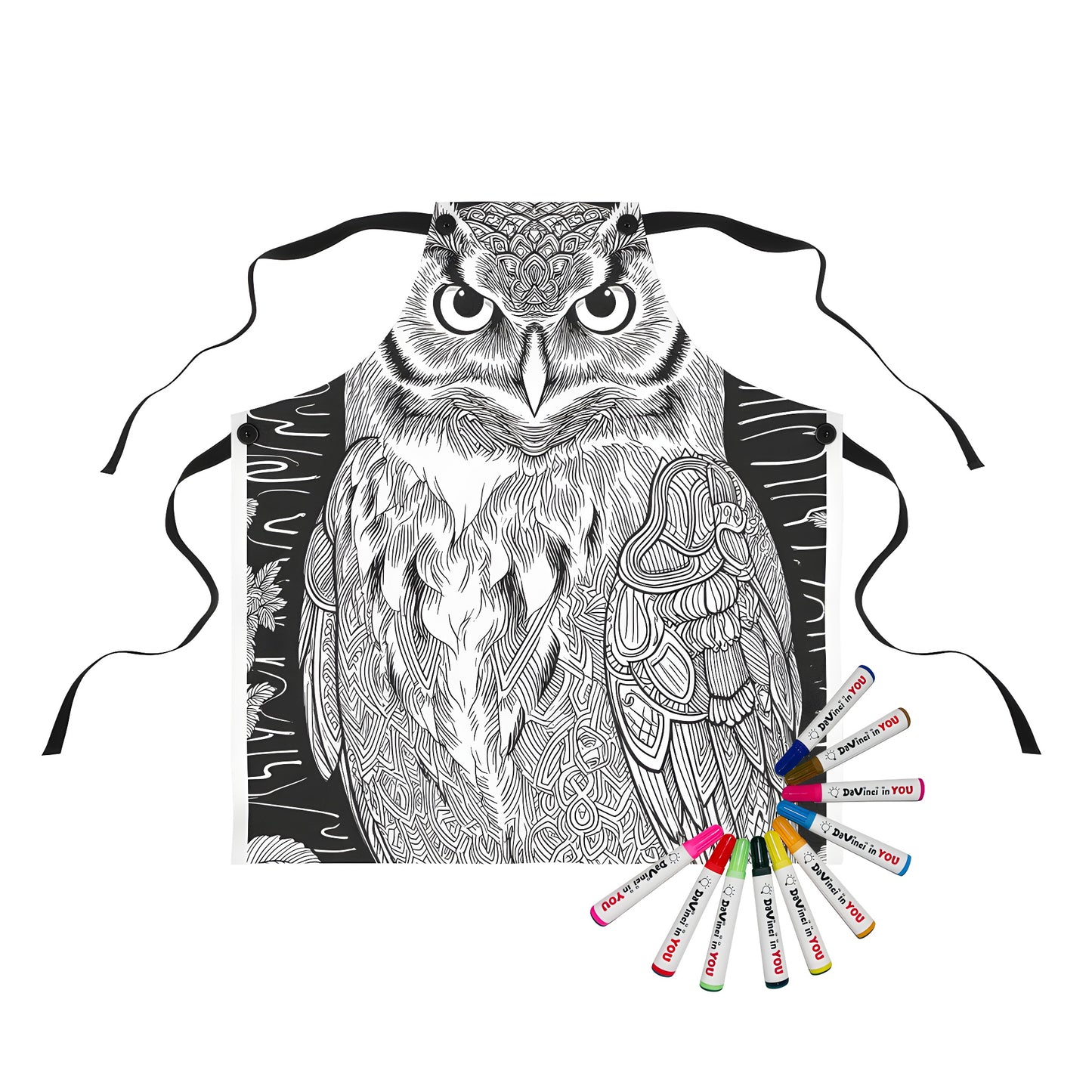 Apron with detailed black and white owl illustration featuring intricate patterns and textures