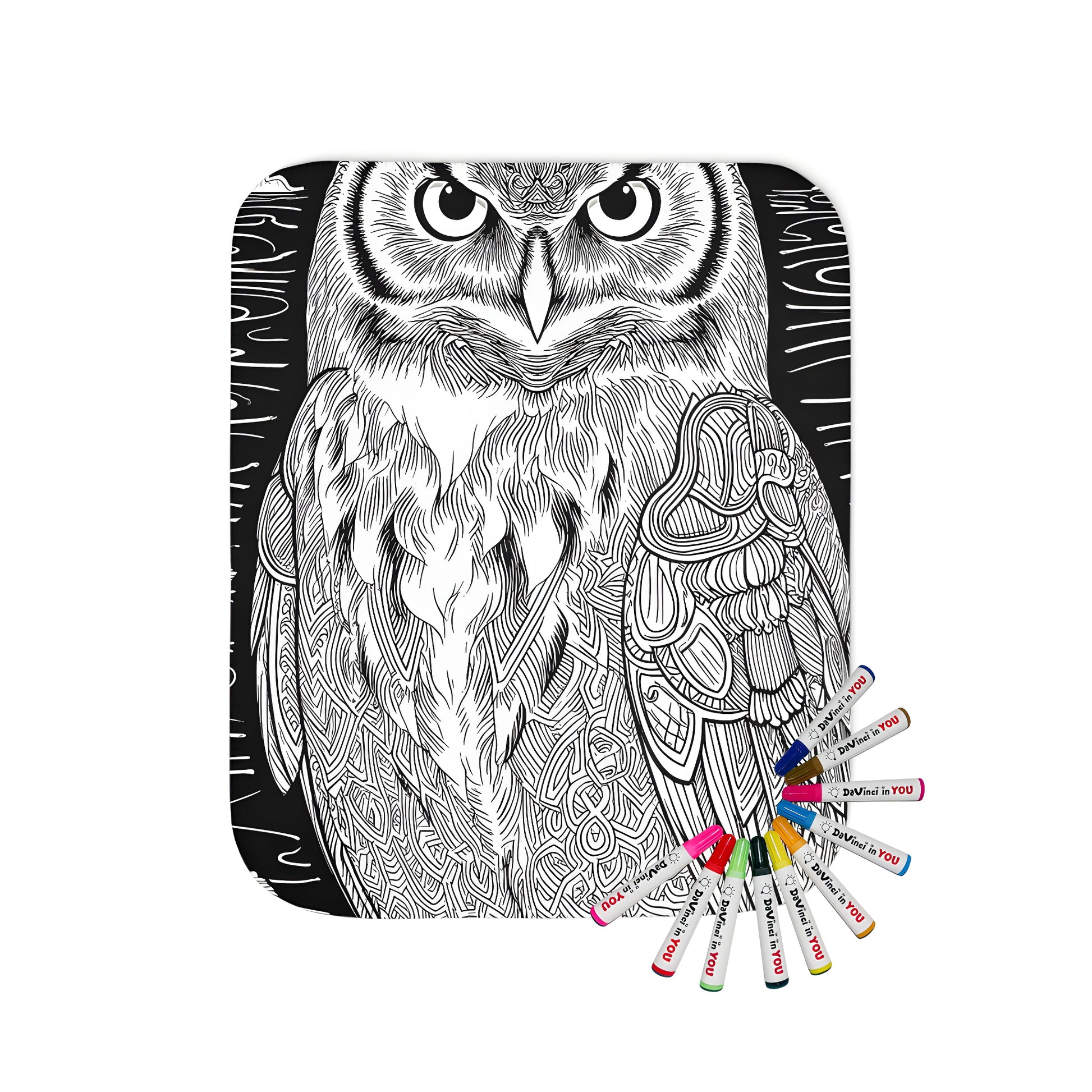 Blanket with intricate owl design for adult coloring and relaxation