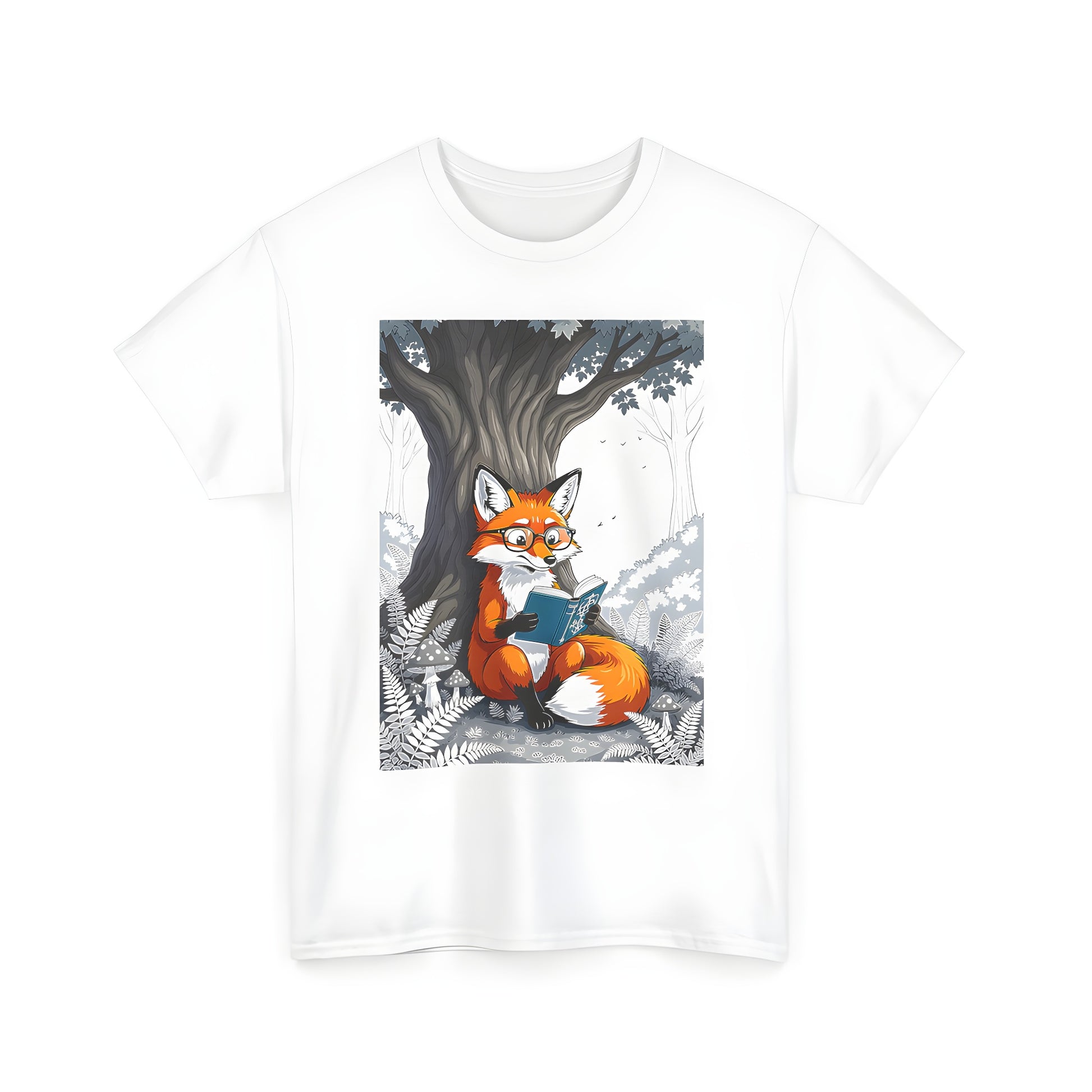 Colorful graphic design of a cute fox wearing glasses under a tree, immersed in a book
