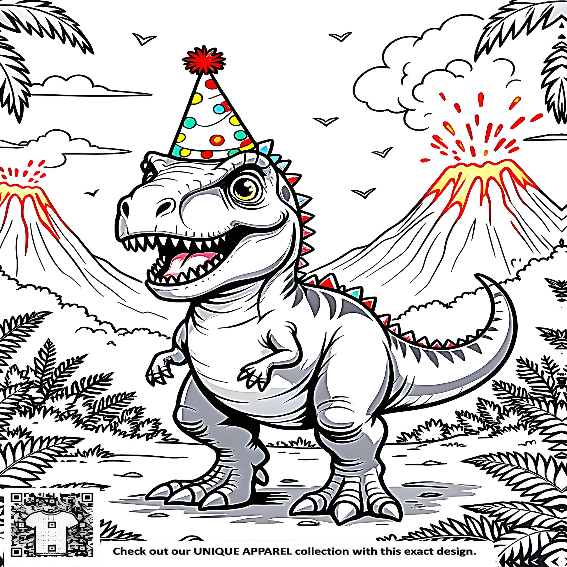 Colorful graphic design of a dinosaur party with a cheerful T-Rex wearing a party hat amidst erupting volcanoes and palm trees.