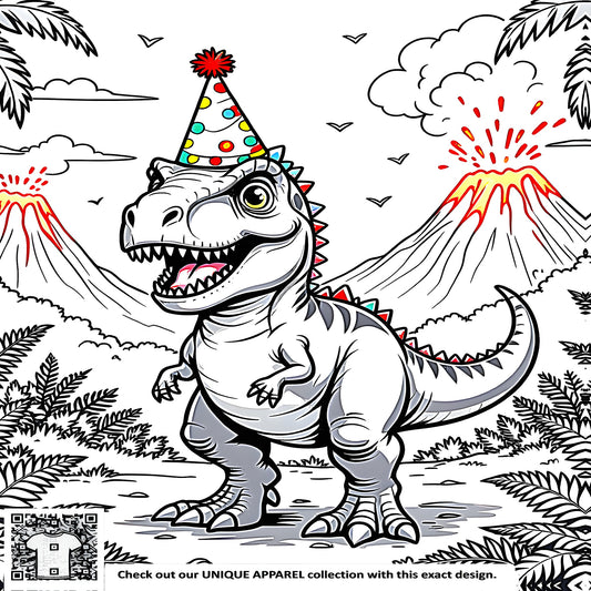 Colorful graphic design of a dinosaur party with a cheerful T-Rex wearing a party hat amidst erupting volcanoes and palm trees.
