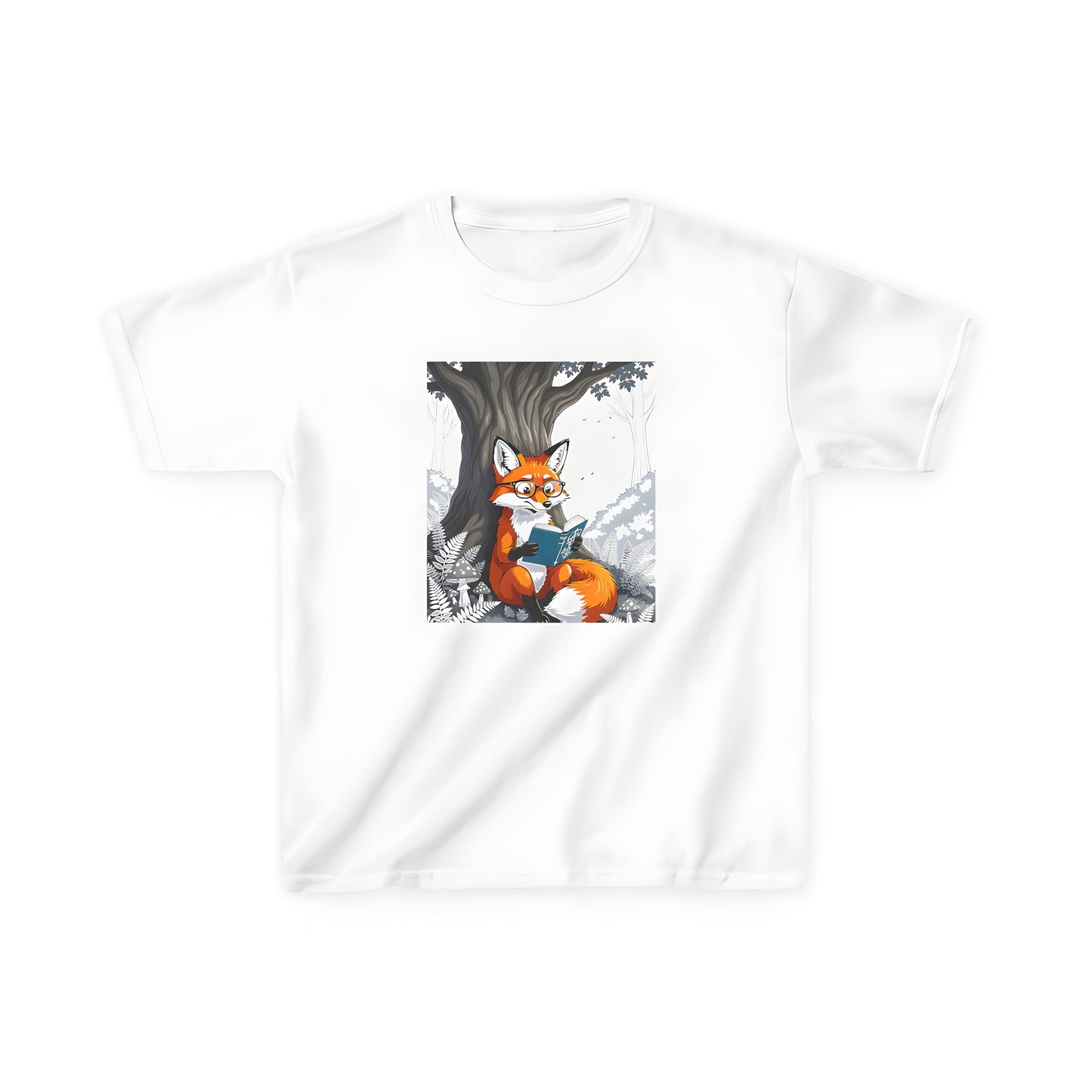 Kid's colorful graphic t-shirt with cute fox wearing glasses under tree reading book