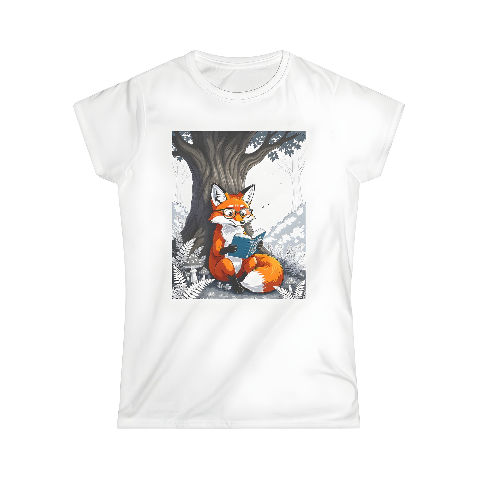 Women's colorful graphic t-shirt featuring a fox wearing glasses reading under a tree in a serene forest setting