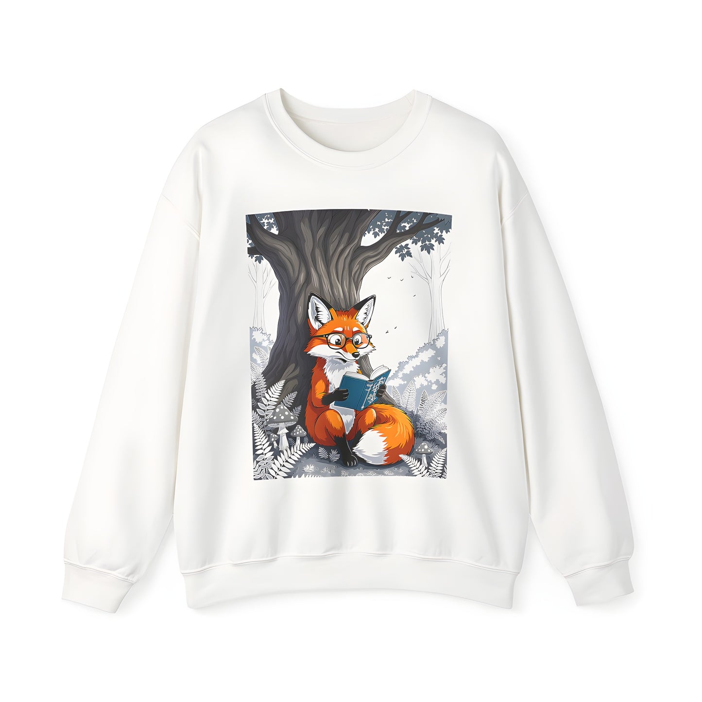 Adult sweatshirt with colorful graphic design of fox reading under tree