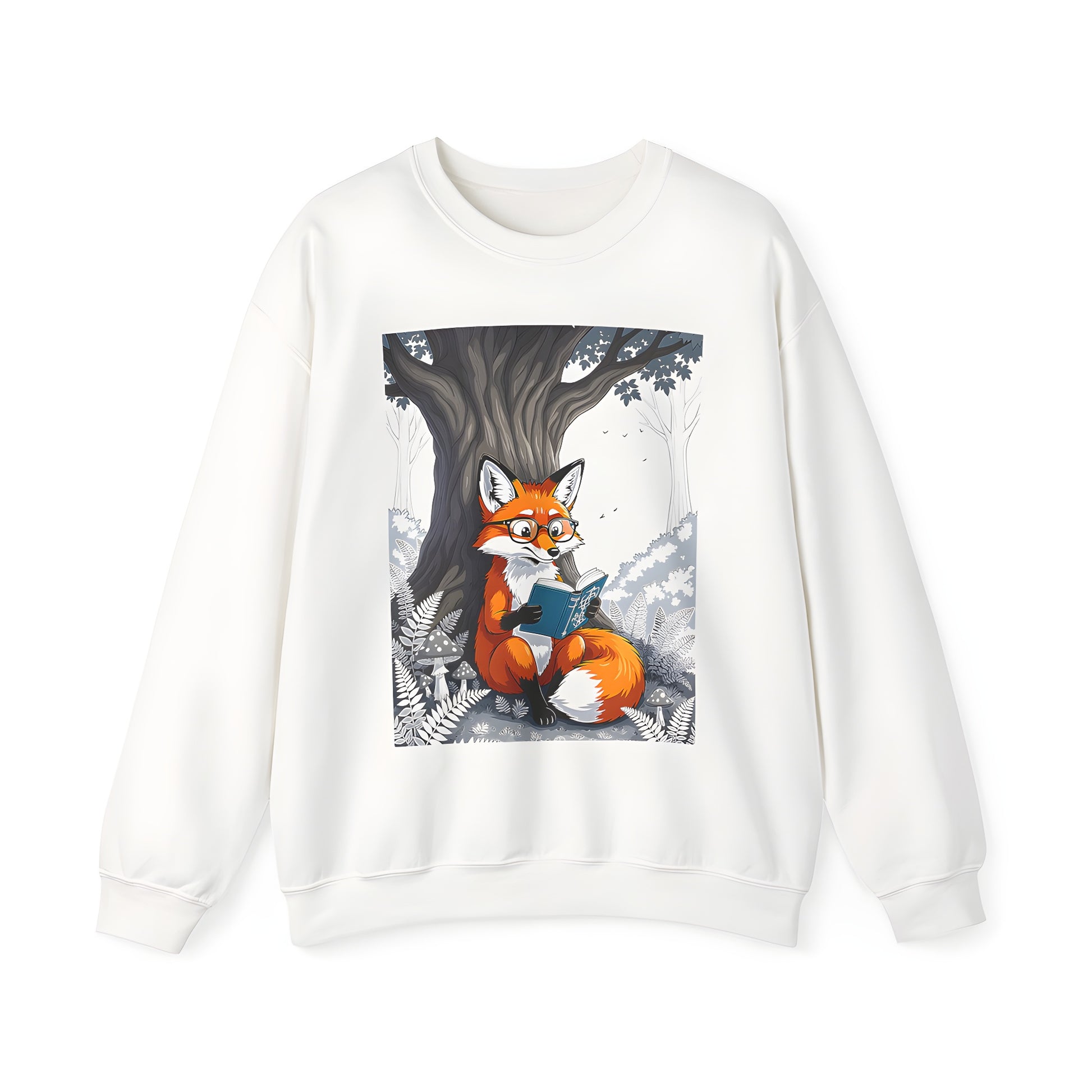 Adult sweatshirt with colorful graphic design of fox reading under tree