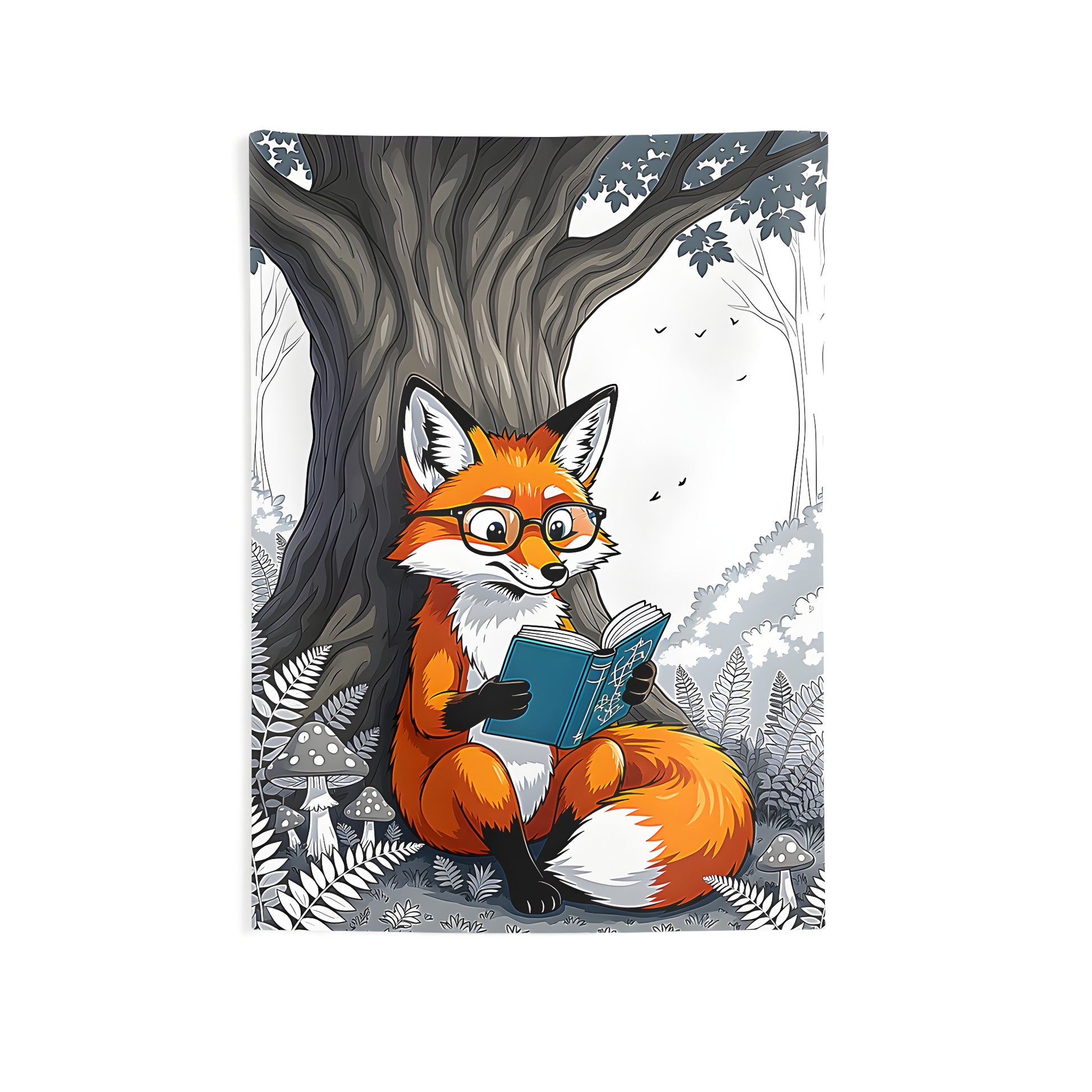 Colorful fox reading under a tree