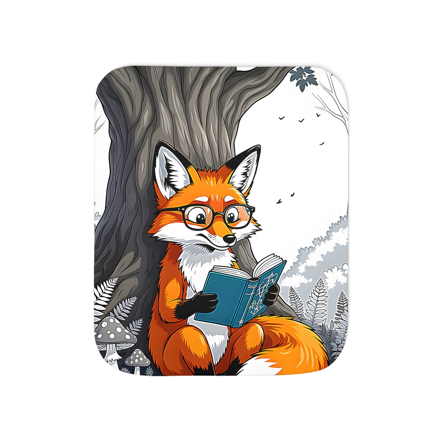 Colorful graphic blanket featuring a fox reading under a tree