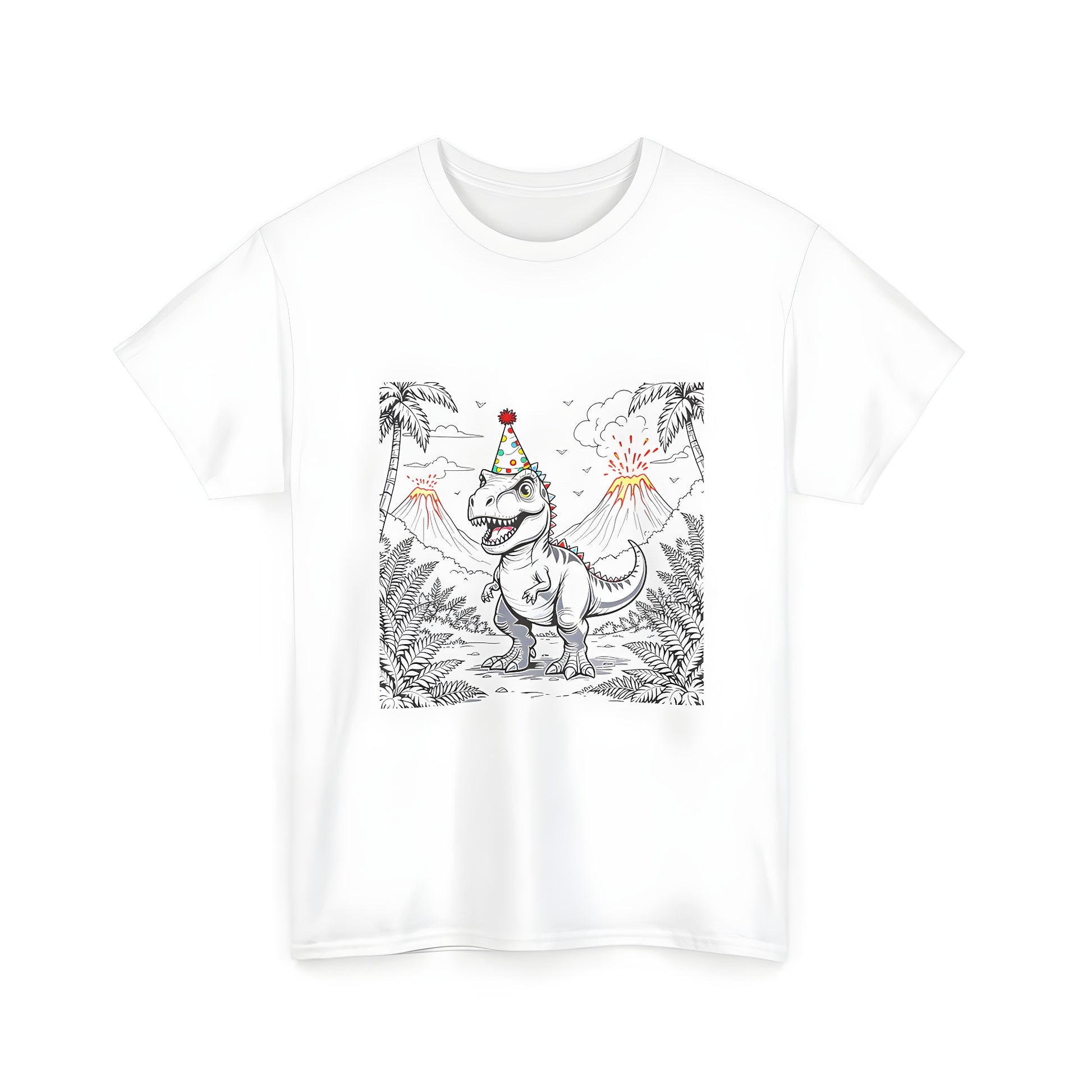 Colorful graphic design on a unisex t-shirt featuring a cheerful dinosaur wearing a party hat amidst erupting volcanoes and palm trees