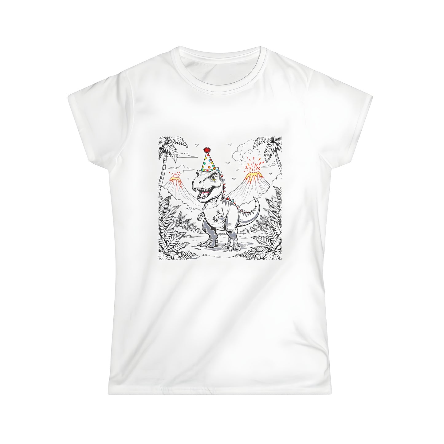 Women's colorful graphic t-shirt featuring a cheerful dinosaur in a party hat amidst erupting volcanoes and palm trees