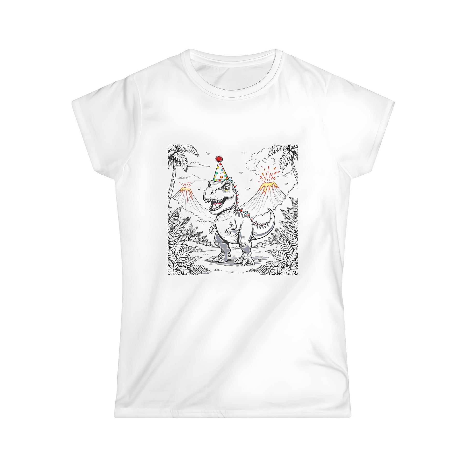 Women's colorful graphic t-shirt featuring a cheerful dinosaur in a party hat amidst erupting volcanoes and palm trees