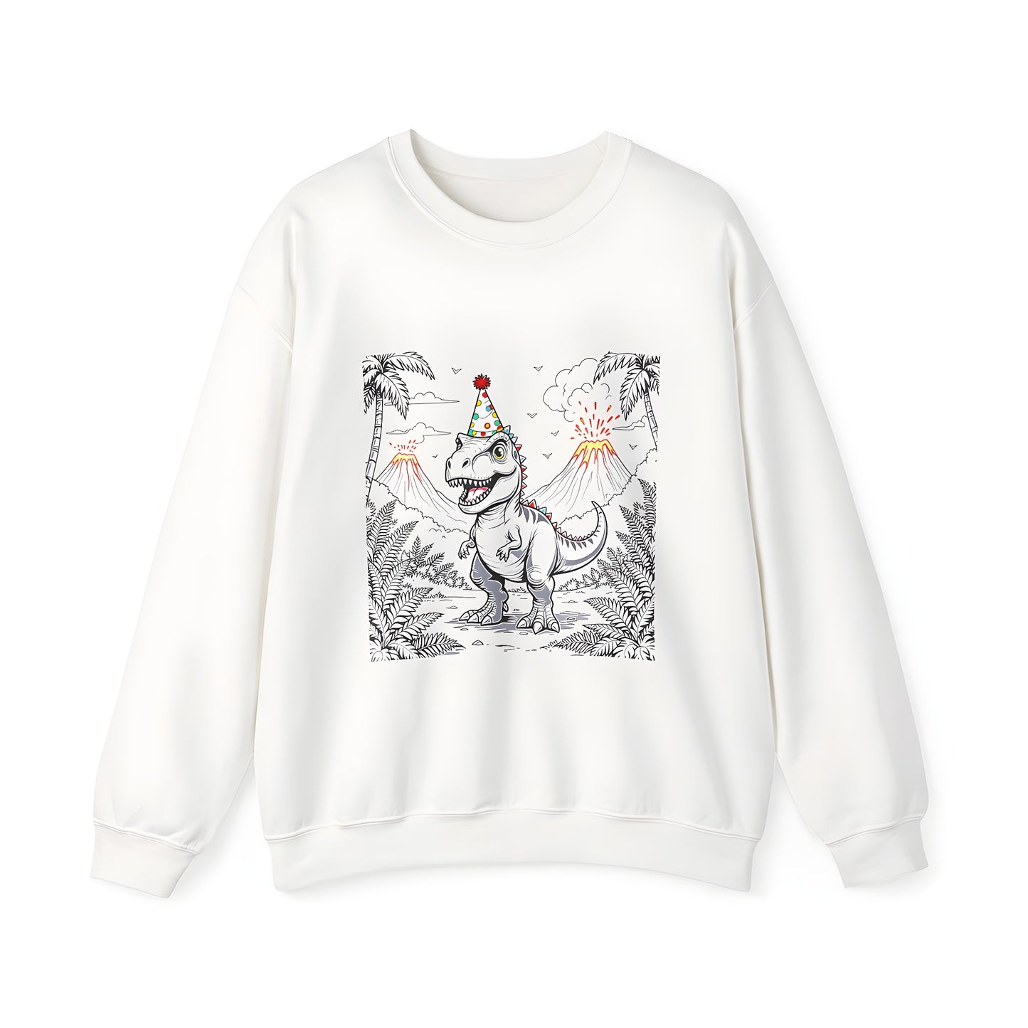 Adult sweatshirt with colorful dinosaur party graphic design