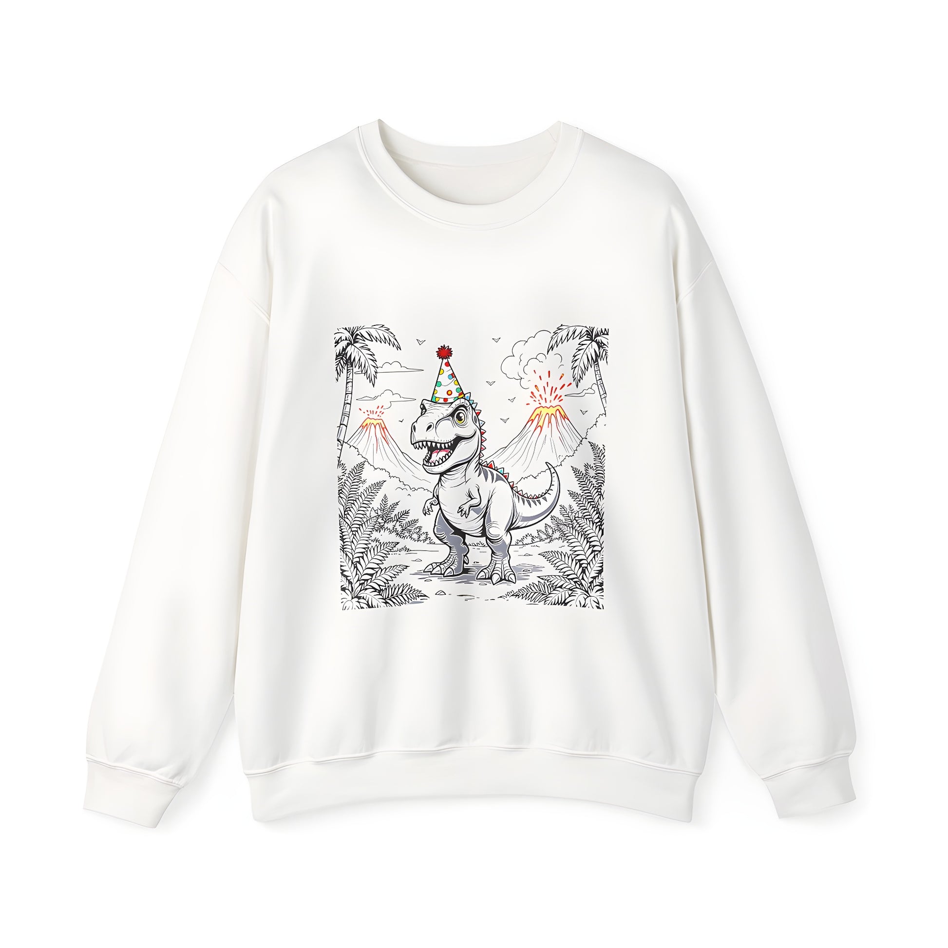 Adult sweatshirt with colorful dinosaur party graphic design