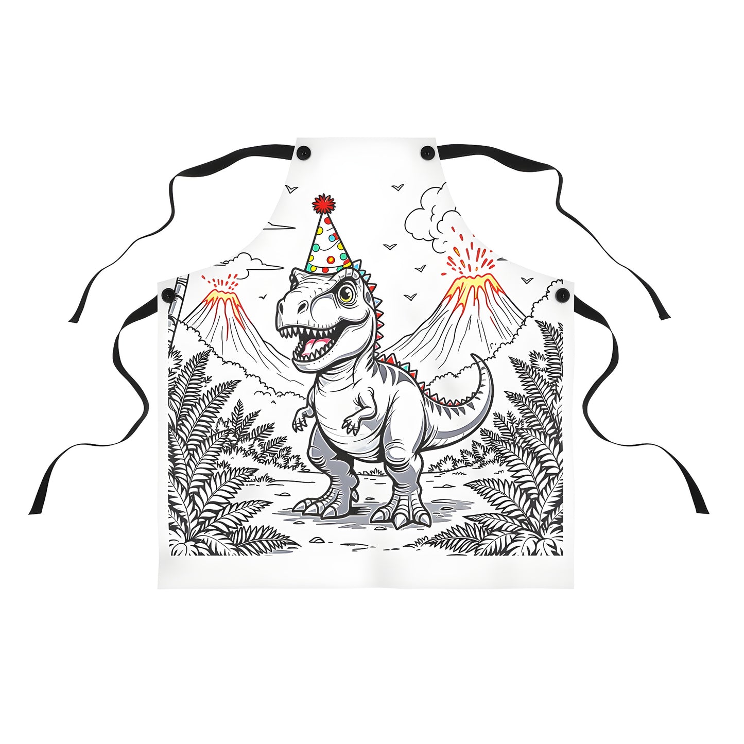 Colorful graphic apron with dinosaur and party theme