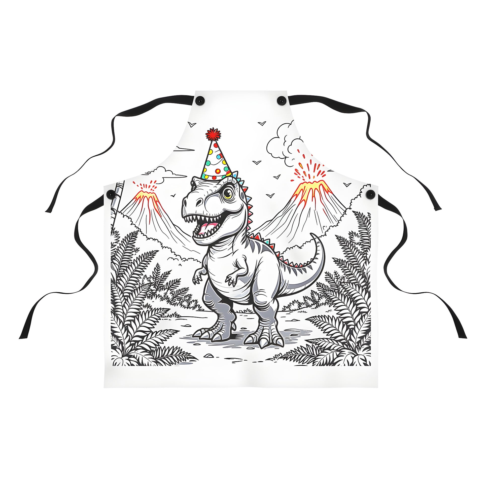 Colorful graphic apron with dinosaur and party theme