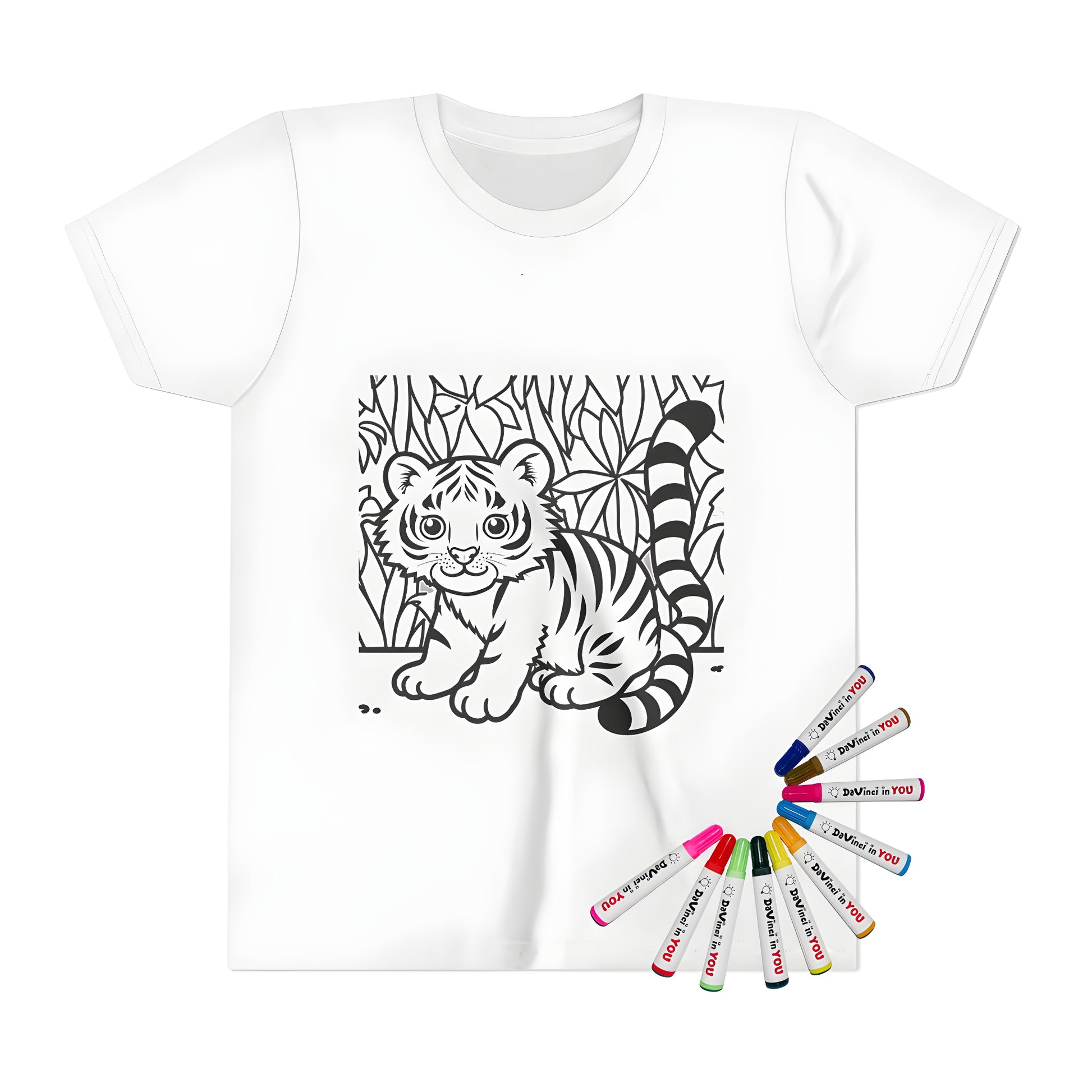 Kid's t-shirt with adorable baby tiger illustration, jungle setting and leaves for coloring fun