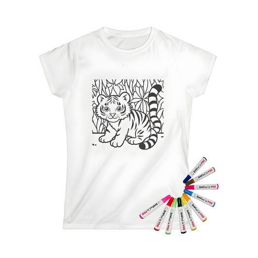 Women's T-shirt with cute baby tiger illustration for kids, jungle coloring page design