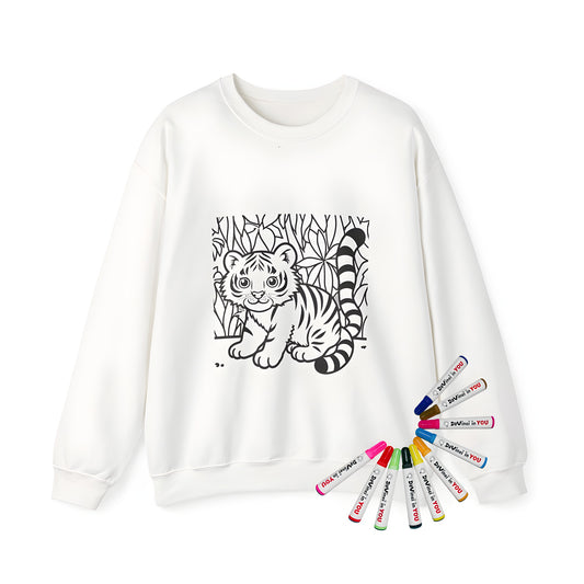Adult sweatshirt featuring a cute tiger cub sitting in a jungle setting, surrounded by leaves for adults and kids to colour