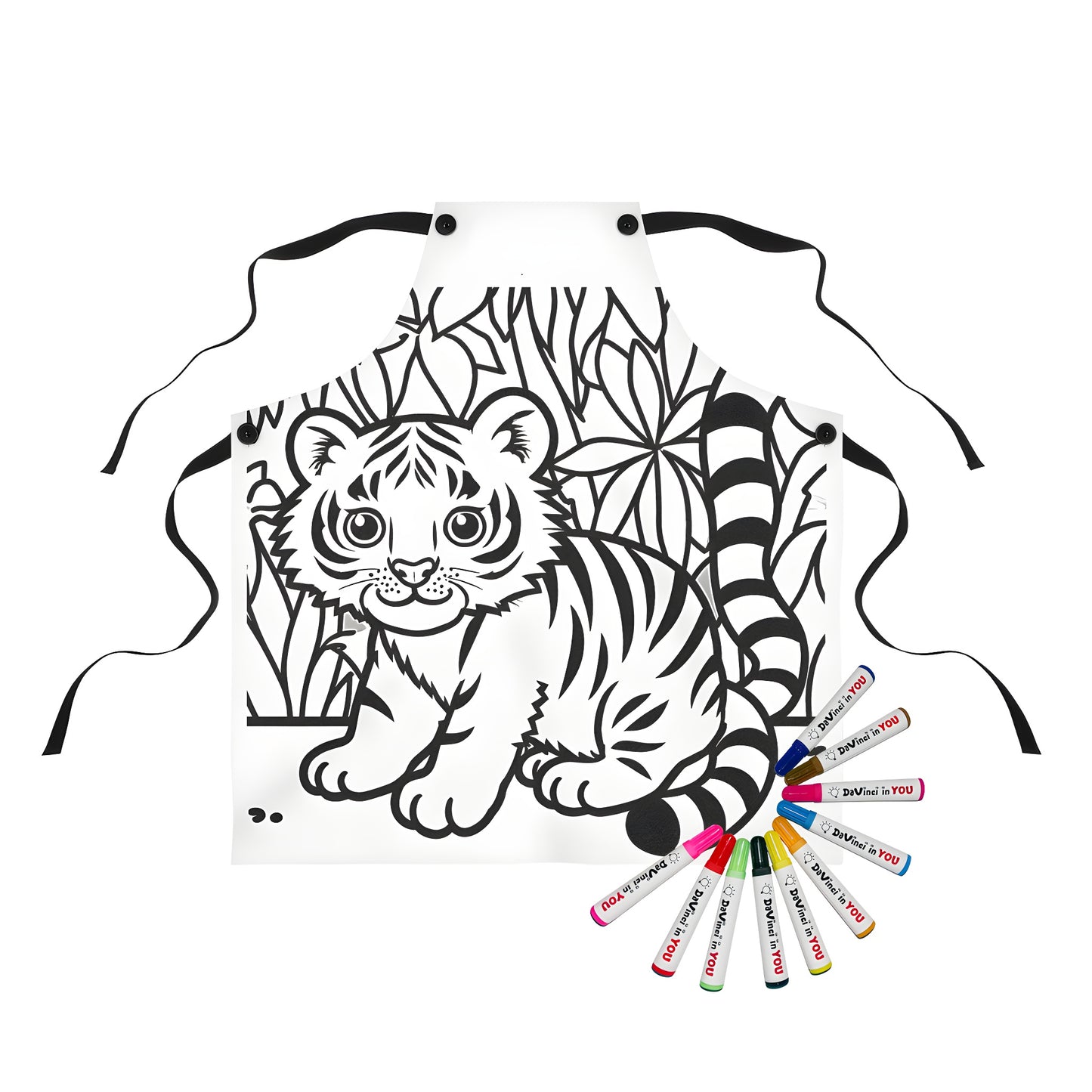 Baby tiger coloring apron with jungle foliage