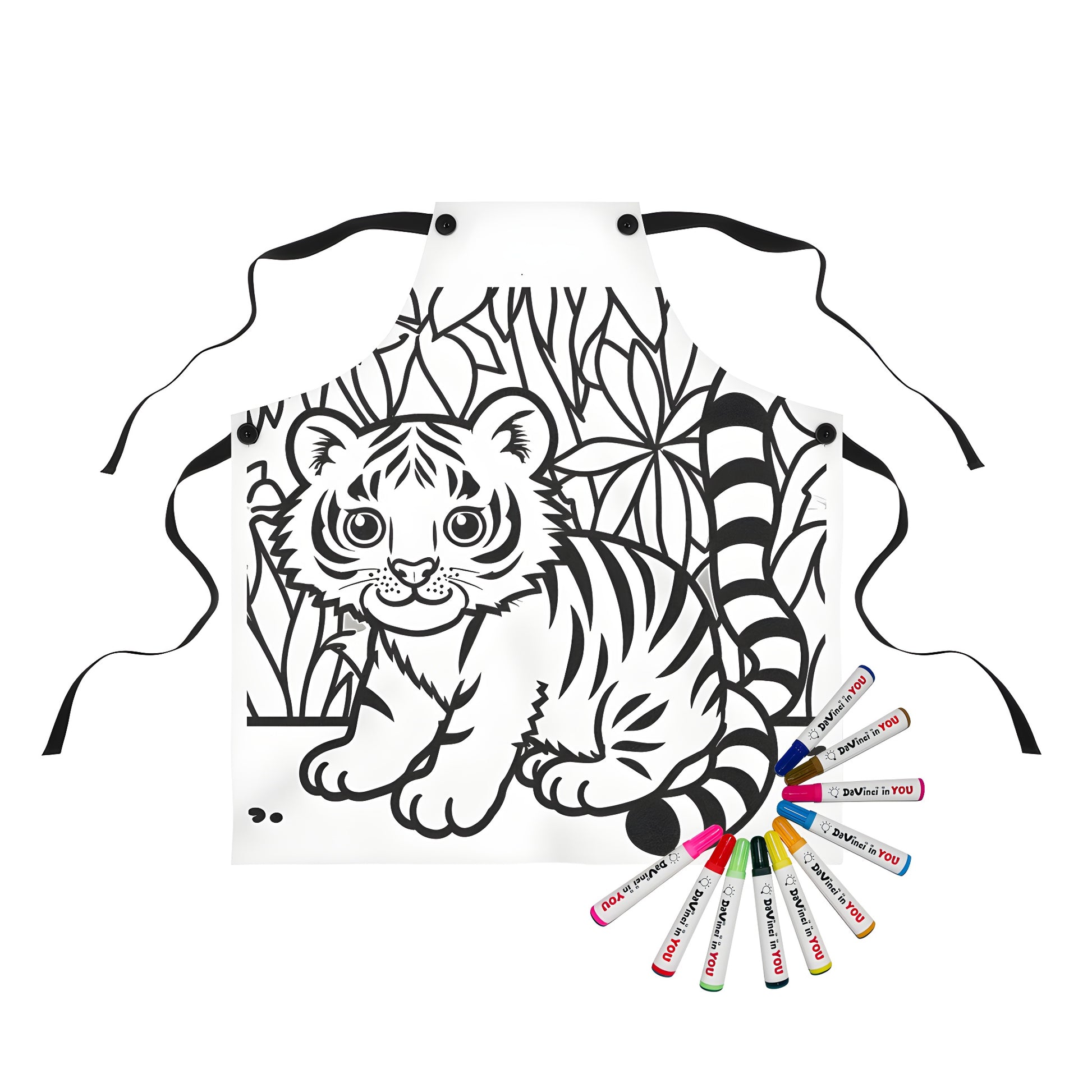 Baby tiger coloring apron with jungle foliage