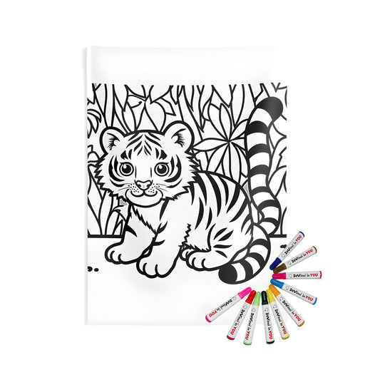 Indoor wall tapestries baby tiger design with jungle leaves for coloring