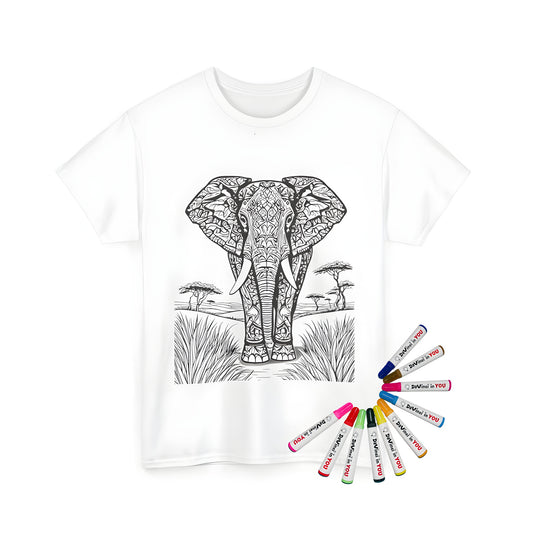 Unisex T-Shirt with intricate elephant line art design, featuring natural landscape and detailed patterns