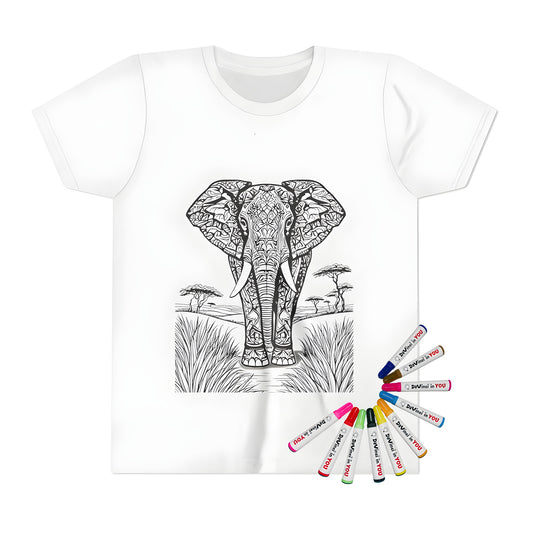 Kid's t-shirt featuring intricate line art of an elephant design in a natural landscape setting