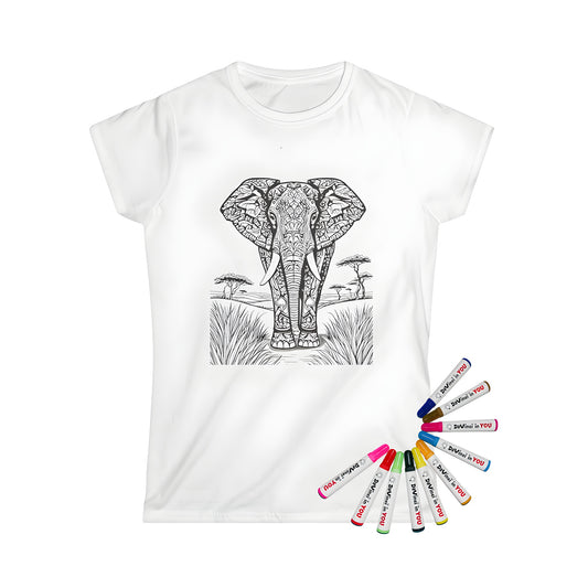 Women's t-shirt with intricate line art of an elephant in a natural landscape