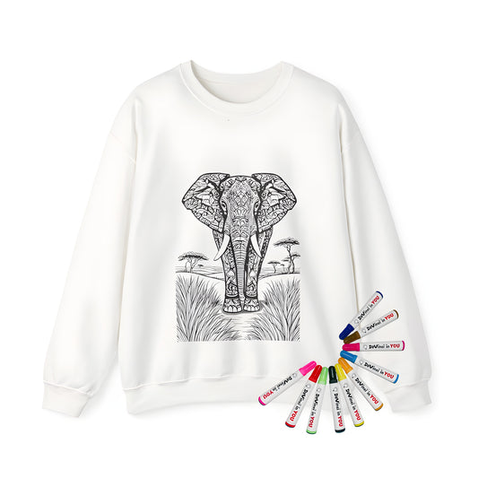 Adult sweatshirt featuring intricate line art of an elephant in a natural landscape with detailed patterns and vibrant colors.