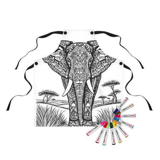 Apron with an intricate line art of an elephant in a natural landscape