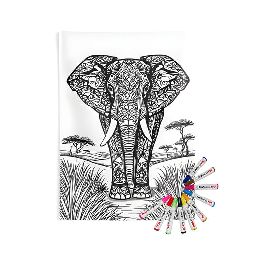 Intricate line art elephant wall tapestry with natural landscape and detailed patterns