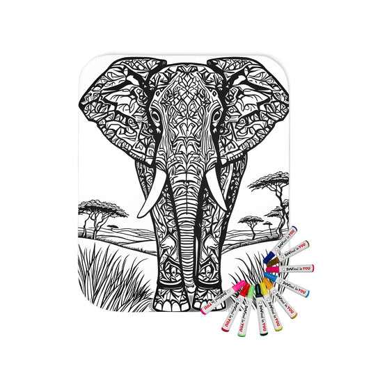 Blanket featuring intricate line art of an elephant with detailed patterns set in a natural landscape with grass and trees